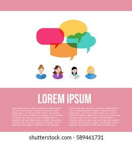 Poster of women icons with colorful quote bubbles with place for your text. Female avatars with speech bubbles. Vector.