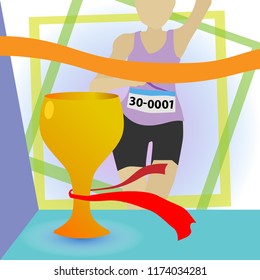 Poster of women running sport day to finish line with trophy.