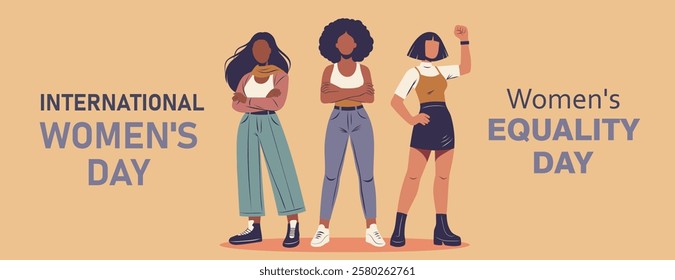 
Poster for women's day, equality day, women's month. Vector illustration of a feminist. Women of different skin colors and nationalities stand together in protest poses for freedom and empowerment 