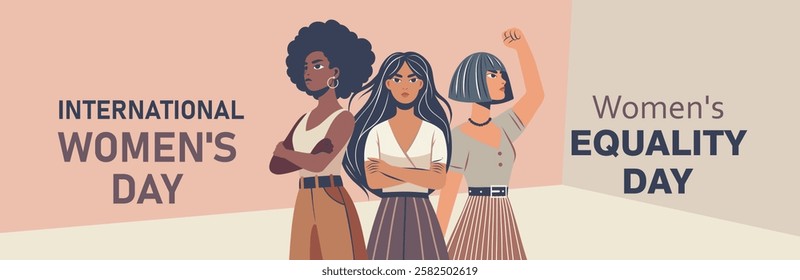 Poster for Women's Day, Equality Day, Women's Month. Vector illustration of a feminist. Women of different skin colors and nationalities stand together in protest poses, women's empowerment