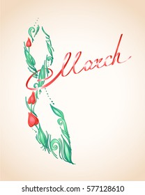 The poster for the Women's Day "March 8", the tulips in the form of eight and word "March" is lettering of the ribbons