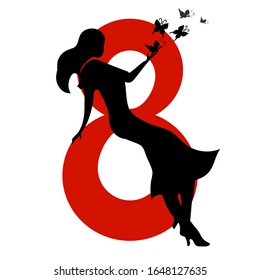 poster for Women's Day with the number 8 and the silhouette of a girl or woman by March 8