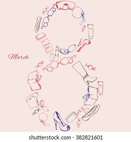 Poster women's day with objects, pink