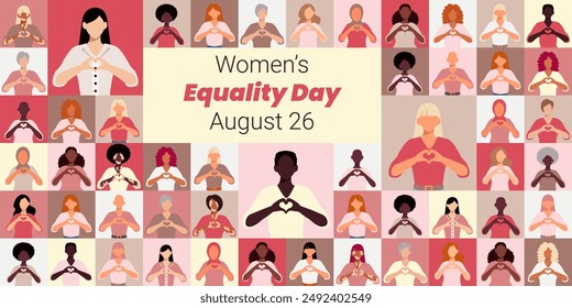 A poster for Women's Equality Day with a collage of people holding hands and hearts. The poster is pink and white and features a variety of people of different ages and races