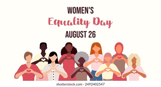 A poster for Women's Equality Day with a group of people holding hands and hearts. The poster is pink and white and has the date August 26