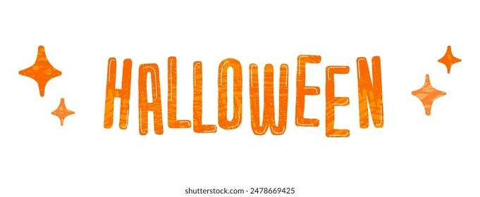 Poster of the word Halloween in bold orange letters with a textured effect. Small star-like shapes flank the text, adding a festive touch to the simple design element. Made in vector for editability.