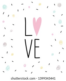 A poster with the words "love" on a white background with a pattern of multi-colored dots and black dashes.