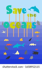 Afiche con las palabras "salvar los océanos" encima del agua
