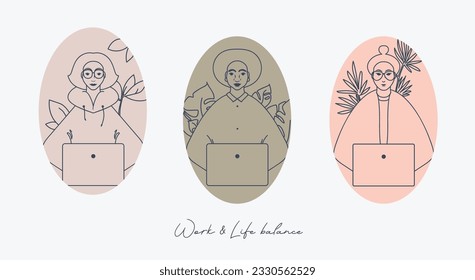 Poster for work and life balance,  three working women, can be used for working or studing, vector illustration