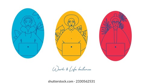 Poster for work and life balance,  three working women, can be used for working or studing, vector illustration