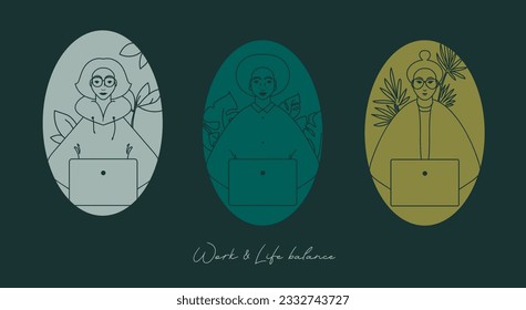 Poster for work and life balance,  three working women, can be used for working or studing, vector illustration