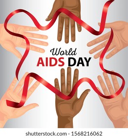 poster world aids day with hands and ribbon vector illustration design