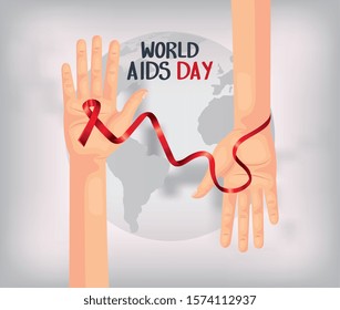 poster of world aids day with hands and ribbon vector illustration design