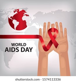 poster of world aids day with hands and ribbon vector illustration design