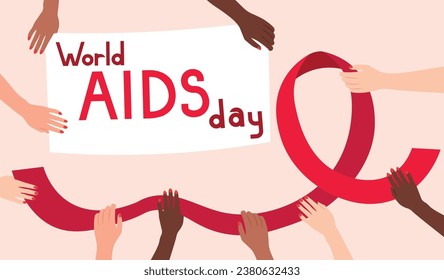 Poster for World AIDS Day with many hands and red ribbon