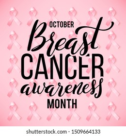 Poster for world breast cancer awareness month in october . Background with realistic pink silk ribbon. Vector illustration.