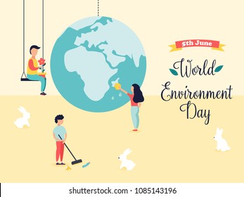 Poster for World Environment Day with globe and characters helping the nature