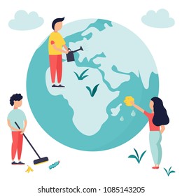 Poster for World Environment Day with globe and characters helping the nature