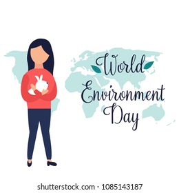 Poster for World Environment Day with a map and Girl holding rabbit
