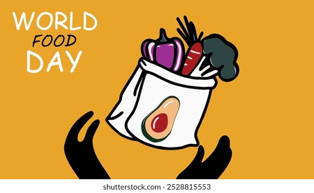 Afiche del Día Mundial de la Alimentación con una bolsa de verduras. El cartel es amarillo y negro y tiene un toque caricaturesco. Las verduras en la bolsa incluyen zanahorias, brócoli y pimientos