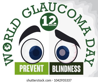 Poster for World Glaucoma Day with two eyes in cartoon style: one healthy and the other suffering some of this symptoms, promoting the prevention of blindness due this disease.