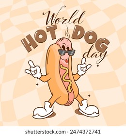 poster for world hot-dog day ,cartoon character of hot dog with sunglasses	