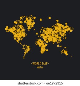 Poster world map of gold glitter shimmering on a dark background. Modern vector illustration