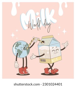 Poster World Milk Day, 1 June in trendy groovy style. Earth is drinking milk. Funny vector earth character and mascot.