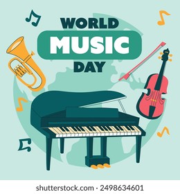 Afiche del Día Mundial de la Música, Vector, texto ilustrado. Una ilustración plana del fondo conceptual Vector del Día Mundial de la Música para el Diseño web. Anuncio cuadrado Piano, violín, trompeta con notas