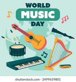 Afiche del Día Mundial de la Música, Vector, texto ilustrado. Ilustración plana del fondo conceptual de Vector del Día Mundial de la Música para Diseño web Guitarra de Anuncio cuadrada, tambor, arpa, flauta con notas