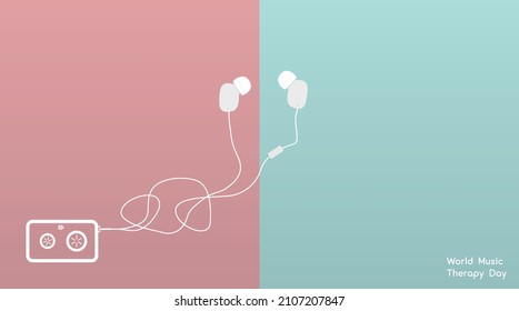 Poster for world music therapy day on March 1, 2022. Vector earphones on pink and aquamarine background.