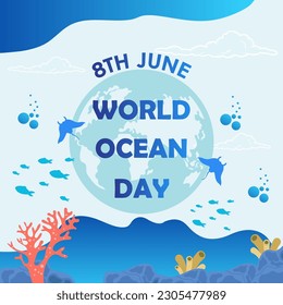 A poster for world ocean day with fish and sharks.