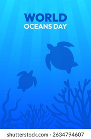A poster for World Oceans Day featuring two turtles swimming in the ocean. The poster is blue and white