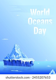 A poster for World Oceans Day with an image of an iceberg in a blue monochrome color scheme.