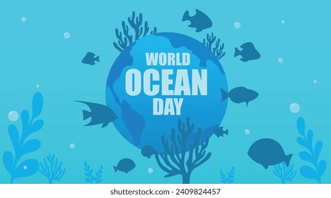 Poster for World Oceans Day with underwater life and planet Eart