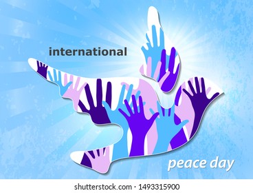 Poster for World Peace Day. The concept of a dove of peace and a human hand. A symbol of freedom and peace without war. Vector illustration