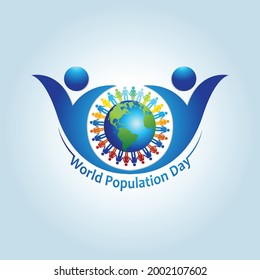 Poster of world population day or Vector illustration, banner. People circled around blue Globe.