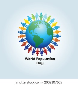 Poster of world population day or Vector illustration, banner. People circled around blue Globe.