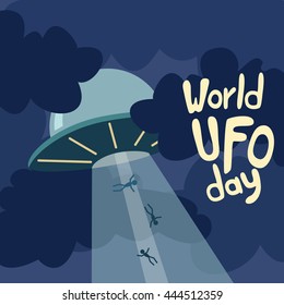 Poster for World UFO day with alien spaceship. Vector Illustration.