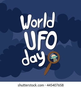Poster for World UFO day with alien spaceship. Vector Illustration.