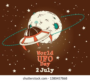 Poster for world ufo day with doodle planet and spaceship, vector illustration