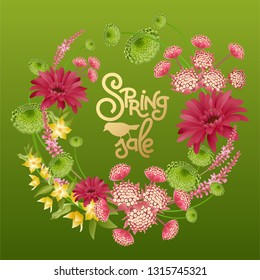 Poster with wreath of spring flowers. Asters, gerbera, field herbs. Print gold foil inscription "Spring Sale" and silhouette of bird on green background. Vector illustration. Hand drawing. Vintage.