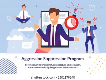 Poster Written Aggression Suppresession Program. Introduction E-education To Train Its Employees. Men Get Angry And Meditate, On Screens Smartphone, Guy Laughs. Vector Illustration.
