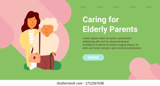 Poster is written caring for elderly parents. Adult daughter stands behind an elderly mother. Gray-haired grandmother with cane. Recommendations for caring relatives at home during self-isolation