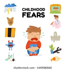 poster written childhood fears lettering cartoon flat. Сauses children's fears can be both made-up, existing. children afraid natural phenomena, fictional monsters, fairytale characters, loud sound