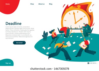 Poster is Written Deadline Vector Illustration. Working Team is Exhausted and Tired Because not Meeting Deadlines. Men and Women Run around Office Feeling Anxious and Stress, Cartoon Flat.