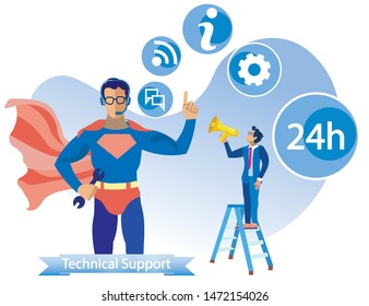 Poster is Written on Tape Technical Support Flat. Coordination Large Number Subordinates. Man in Superman Costume Holding Wrench.  Guy Speaks into Loudspeaker. Vector Illustration.