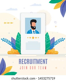 Poster is Written Recruitment Join Our Team Flat. Creative Banner Centered on Large Resume with Photo Bearded Man. Successful Professionally Written Resume Cartoon. Vector Illustration.