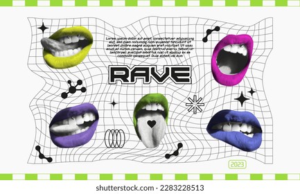 Poster in Y2k in style. Female halftone lips with tongue and piercing. Rave card template.Trendy geometric brutalism forms, y2k elements. Simple shapes forms, symbols and frames y2k style.
