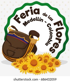 Poster with yellow daisies and carriel or satchel, ready to be used in Festival of the Flowers celebration (written in Spanish).